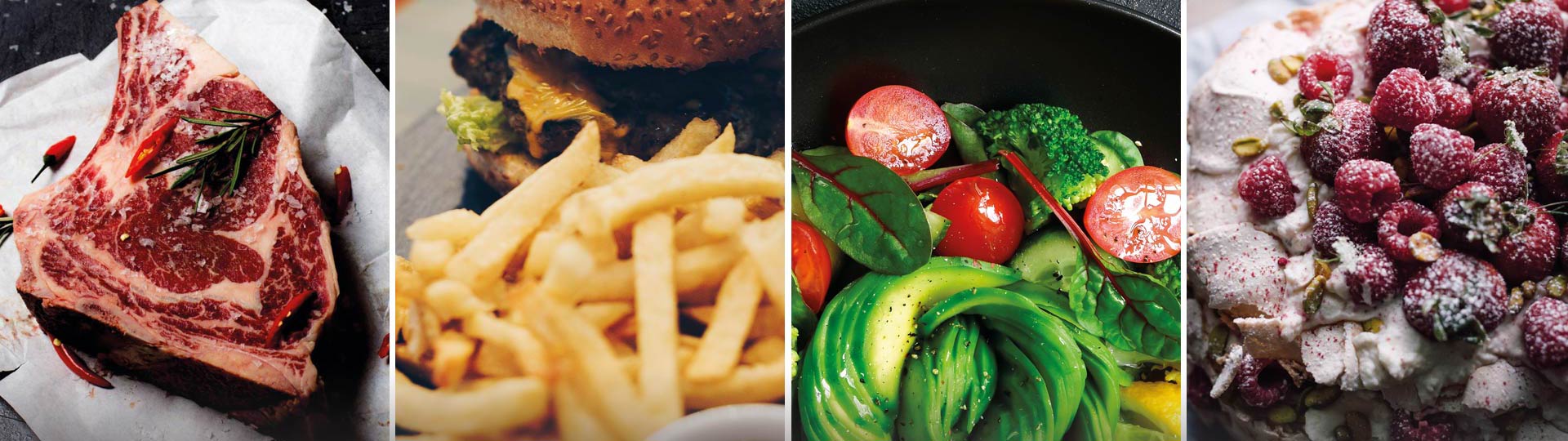 Steak, Burger mit Pommes, frisches Gemüse und Dessert mit Himbeeren